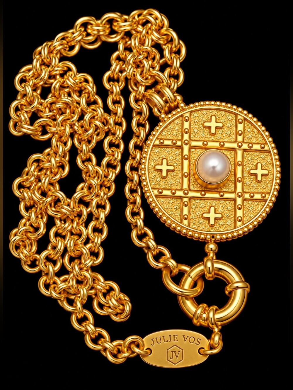 JULIE VOS 24K Gold Plate Faux Moonstone Coin Medallion 38" Necklace